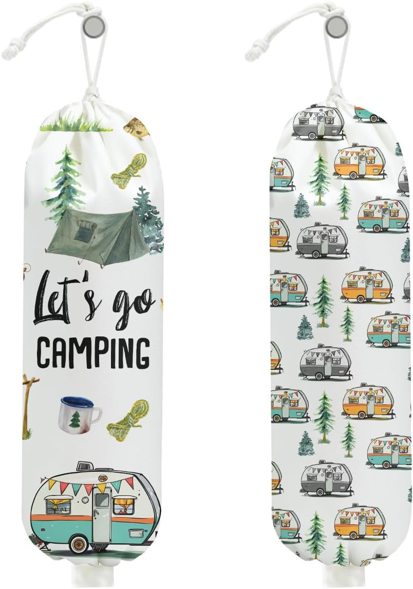 2Pcs Camping Plastic Bag Holder, Wall Mount Trash Bag Holder, Tent Rv Bonfire Large Reusable Grocery Bags Organizer Storage Dispenser for Camp Kitchen Pantry, Camping Gifts for Women Men Camper