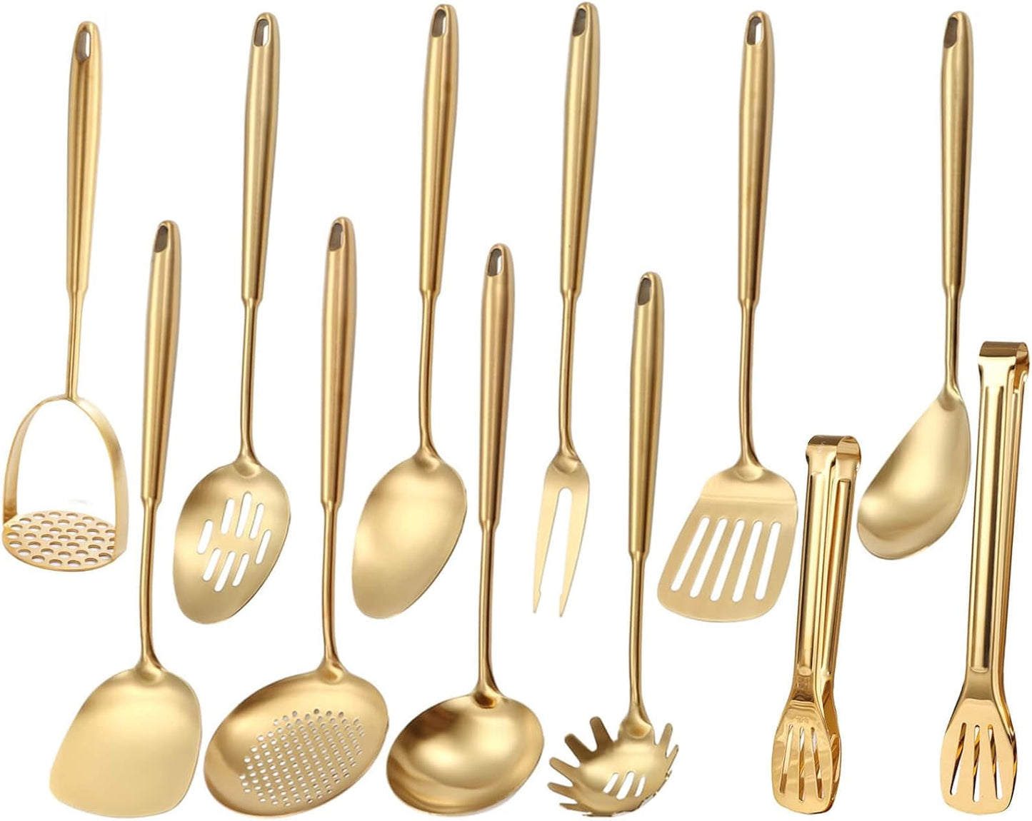 Gold Kitchen Utensils Set, 12 PCS Brass Matte Serving Utensils, 18/10 Stainless Steel All Metal Cooking Tools - Potato Masher, Tongs, Meat Fork, Spatula, Turner, Ladle, Skimmer, Spaghetti Spoon Set