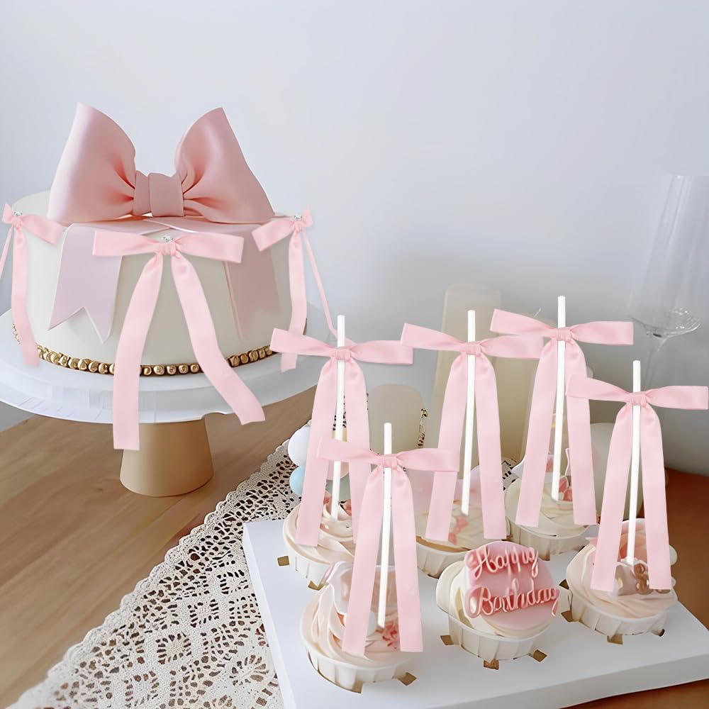 Bow Cake Toppers, 10 Pcs Large Pink Bows Cupcake Toppers Themed Party Decorations, Pink Birthday Cake Decorations for Wedding Baby Shower Party Supplies