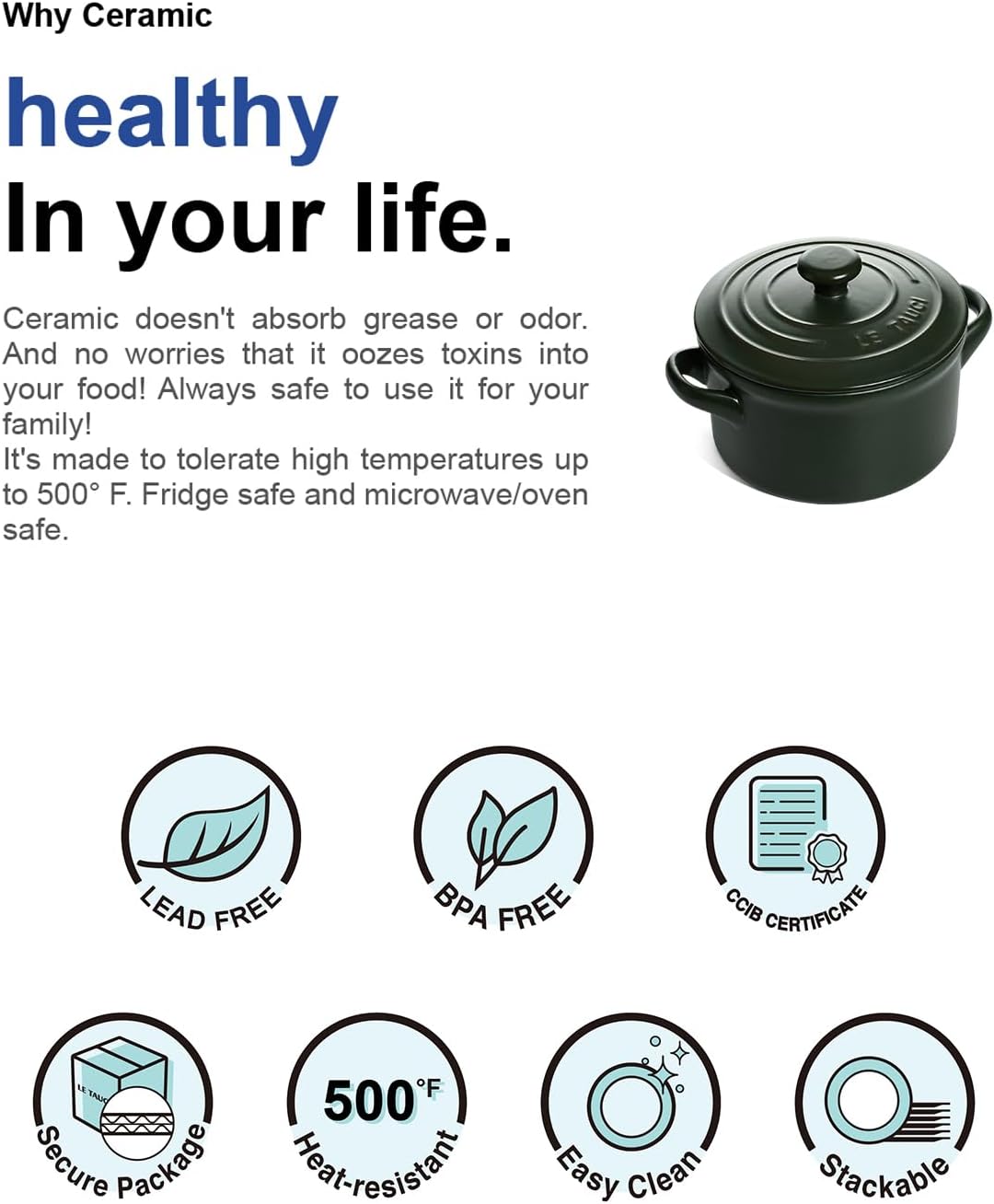 LE TAUCI 3 Quart Ceramic Dutch Oven - Lightweight, Non-Toxic, No Seasoning Needed- Oven, Microwave & Dishwasher Safe, Dutch Oven Pot with Lid for Sourdough, Soup & Stew, Forest Green