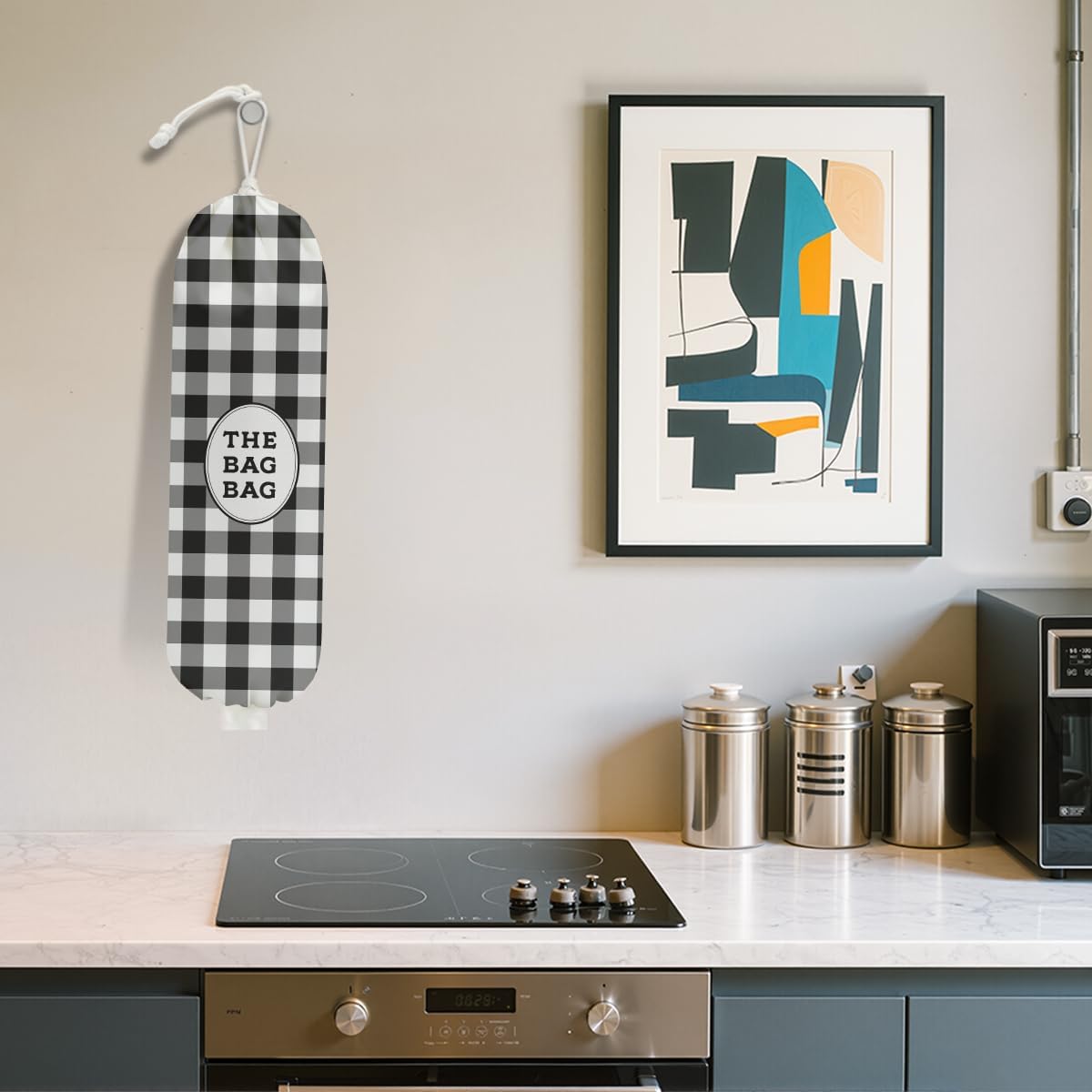 Black White Buffalo Check Plaid Plastic Bag Holder for Kitchen Essentials, Wall Mount Grocery Bag Holder for Plastic Bags, Minimalist Reusable Grocery Bags Storage Dispenser for Home Kitchen Farmhouse