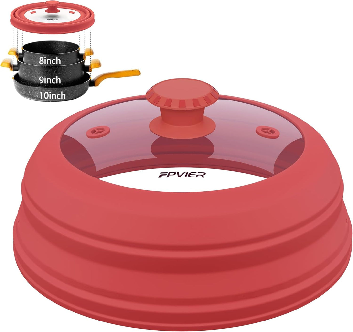 Collapsible Microwave Splatter Cover - Vented Silicone & Glass Lid with Easy-Grip Handle, Fits 6 to 10 Inch Plates & Bowls, 10.8 Inch Diameter, Prevents Splatters & Ensures Even Heating