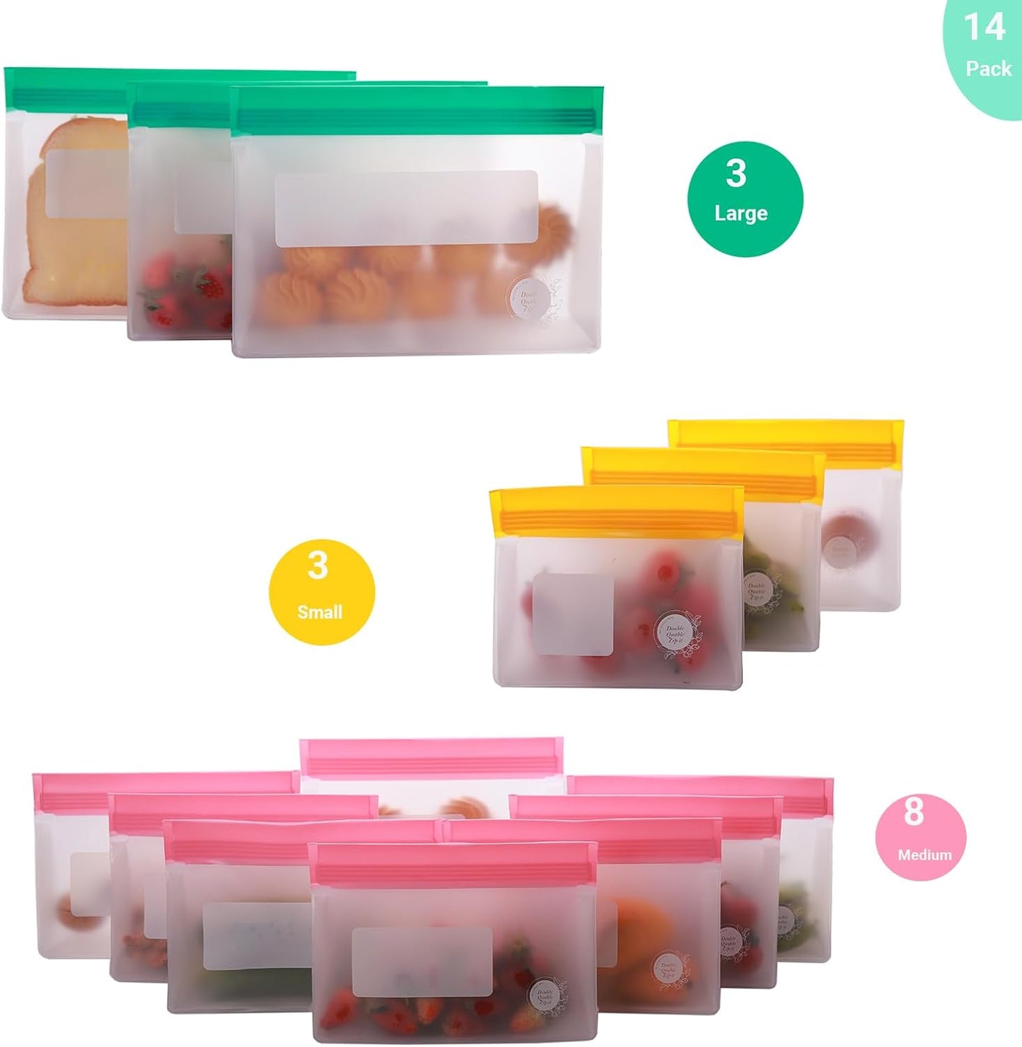 Reusable Silicone Food Storage Bags – 14-Pack Stand-Up, BPA-Free, Freezer, Dishwasher Safe & Eco-Friendly – 3 L, 8 M, 3 S Bags – Airtight Leakproof, Sandwich, Snack, and Meal Prep Baggies (Multicolor)