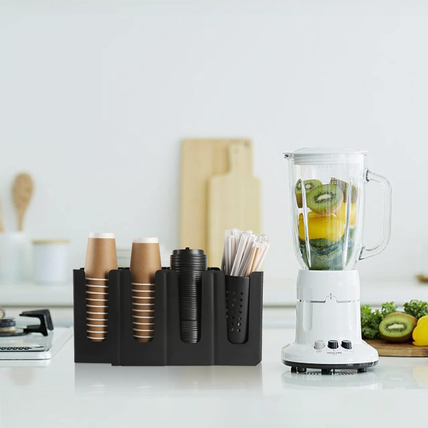 Paper Cup and Lid Holder with Straw Organizer, Disposable Coffee Cup Dispenser for Countertop Coffee Station Bar Restaurant Breakroom, Black