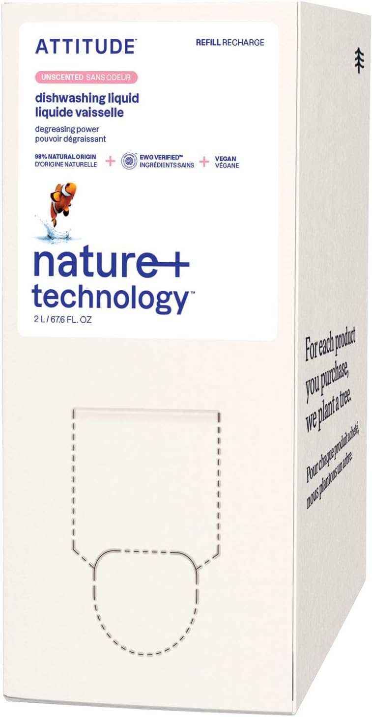 ATTITUDE Dish Soap Refill, EWG Verified, Plant-Based & Vegan Dishwashing Liquid, Naturally Derived, Unscented, 67.6 Fl Oz