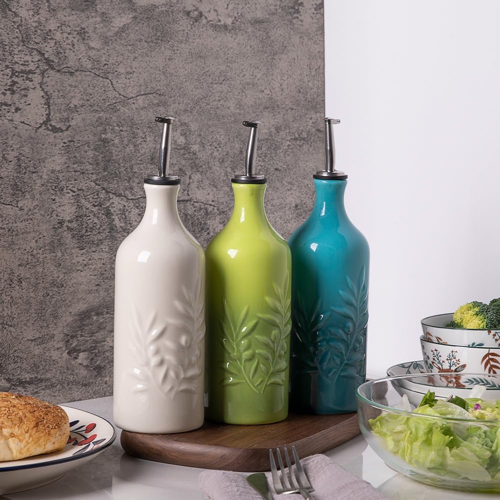 Sweejar Ceramic Olive Oil Dispenser Bottle, 20 Oz Relief Opaque Oil Cruet Protects Oil To Reduce Oxidation, Storage Oil, Vinegar, Soy Sauce, Coffee Syrup, Liquids, Set of 1 (Gradient Green)