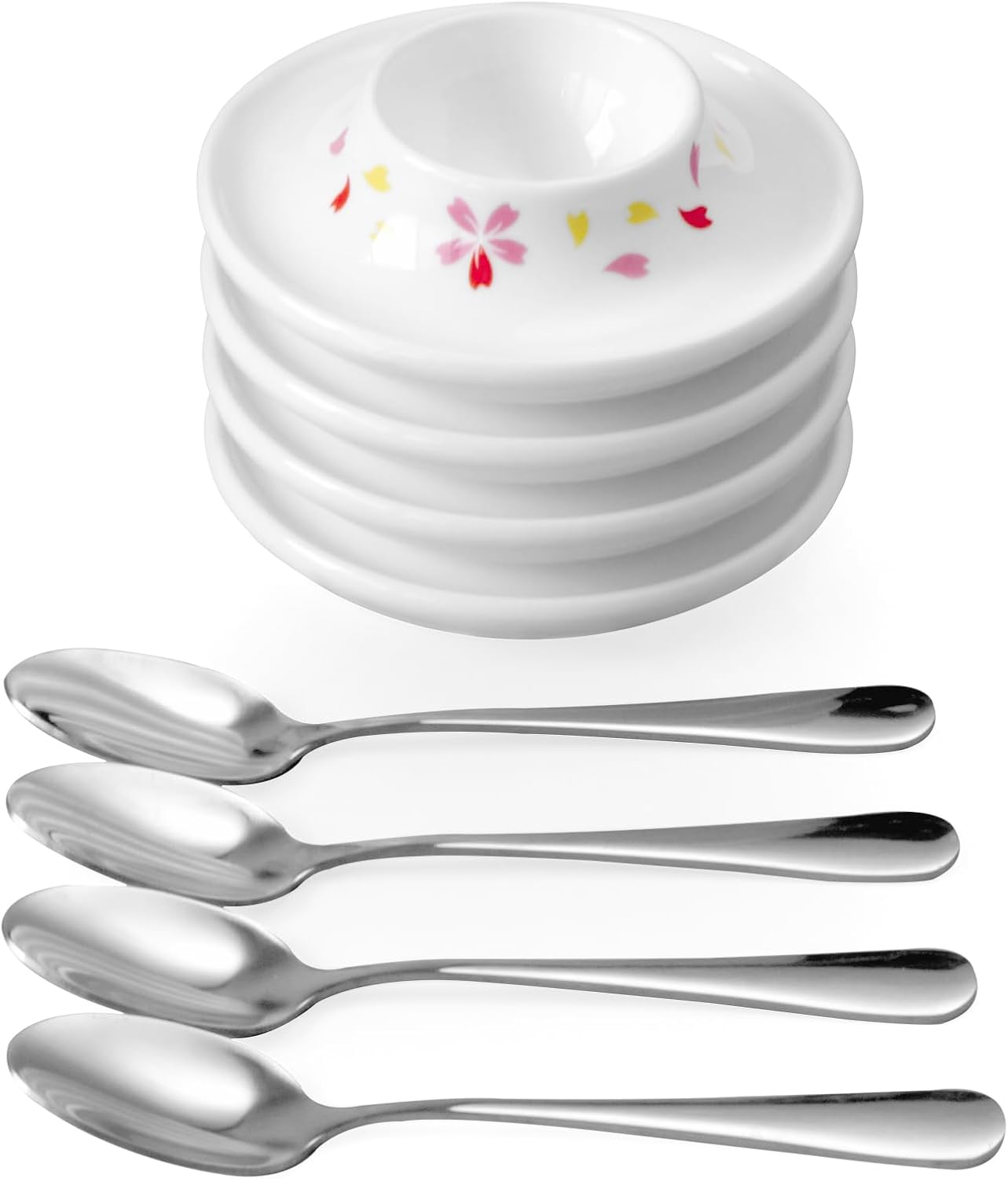 Cinf Ceramic Sakura Egg Holder Set of 4 Porcelain Holder With 4Stainless Steels Egg Spoons Breakfast Boiled Cooking Easy to Clean Childhood Memories Kitchen