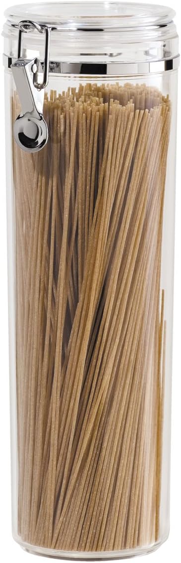 OGGI Tall Clear Canister with Clamp Lid, 58 oz - Large Airtight Food Storage Container, Ideal for Kitchen & Pantry Storage of Bulk, Dry Foods Including Pasta & Spaghetti, Plastic