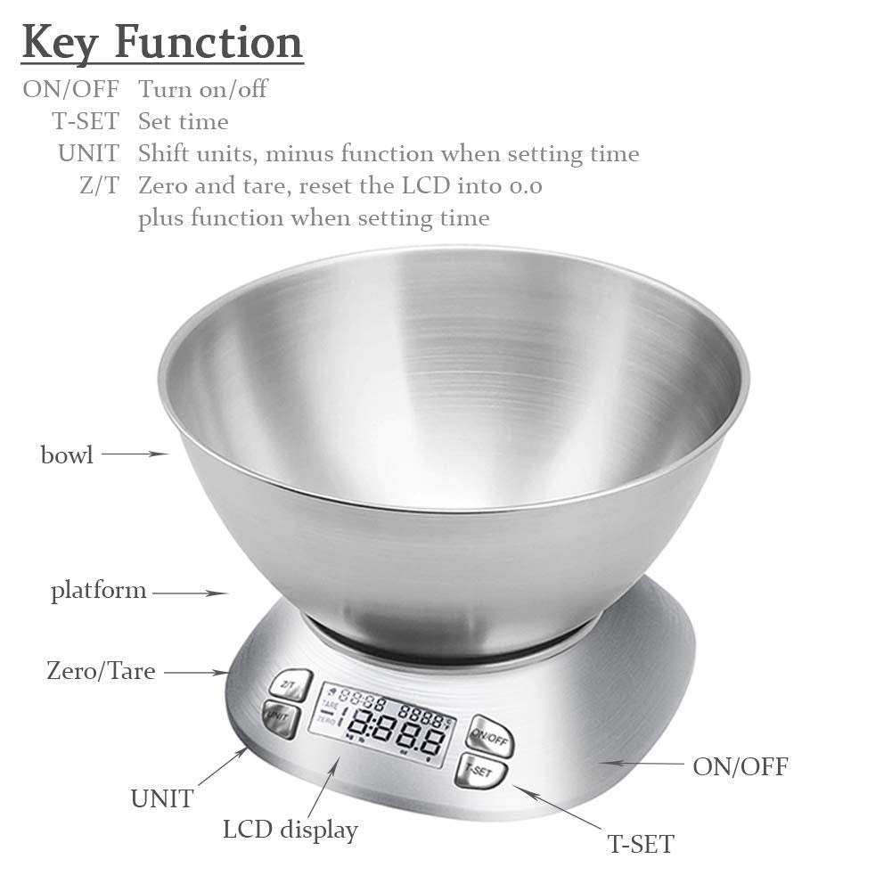 Digital Kitchen Scale with Removable Bowl 2.5L Volume, Electronic Stainless Steel Food Scale for Cooking Baking, Room Temperature, Alarm Timer, 12lb 5.5kg, Batteries Included