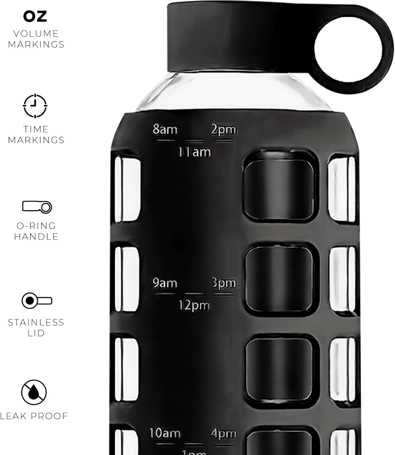 purifyou 40oz / 32oz / 22oz / 12oz Borosilicate Glass Water Bottle with Time & Volume Markers, Silicone Sleeve, Stainless Steel Lid – Reusable Glass Bottle for Water & Juice (22oz Jet Black)