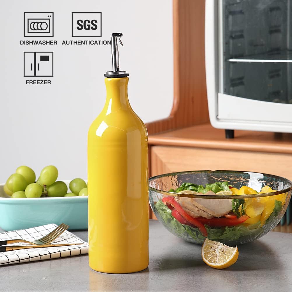 Sweejar Large Ceramic Olive Oil Dispenser Bottle, Opaque Oil Cruet Protects Oil to Reduce Oxidation, Suitable for Storage Oil, Vinegar, Soy Sauce & Other Liquids, Pack of 1, 24 Fl Oz (Yellow)