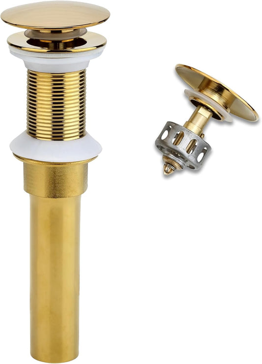 Bathroom Sink Drain, Gold Drain Stopper Bathroom Sink Without Overflow,Pop Up Drain Assembly with Detachable Strainer Basket,Built-in Anti-Clogging Strainer,Stainless Steel