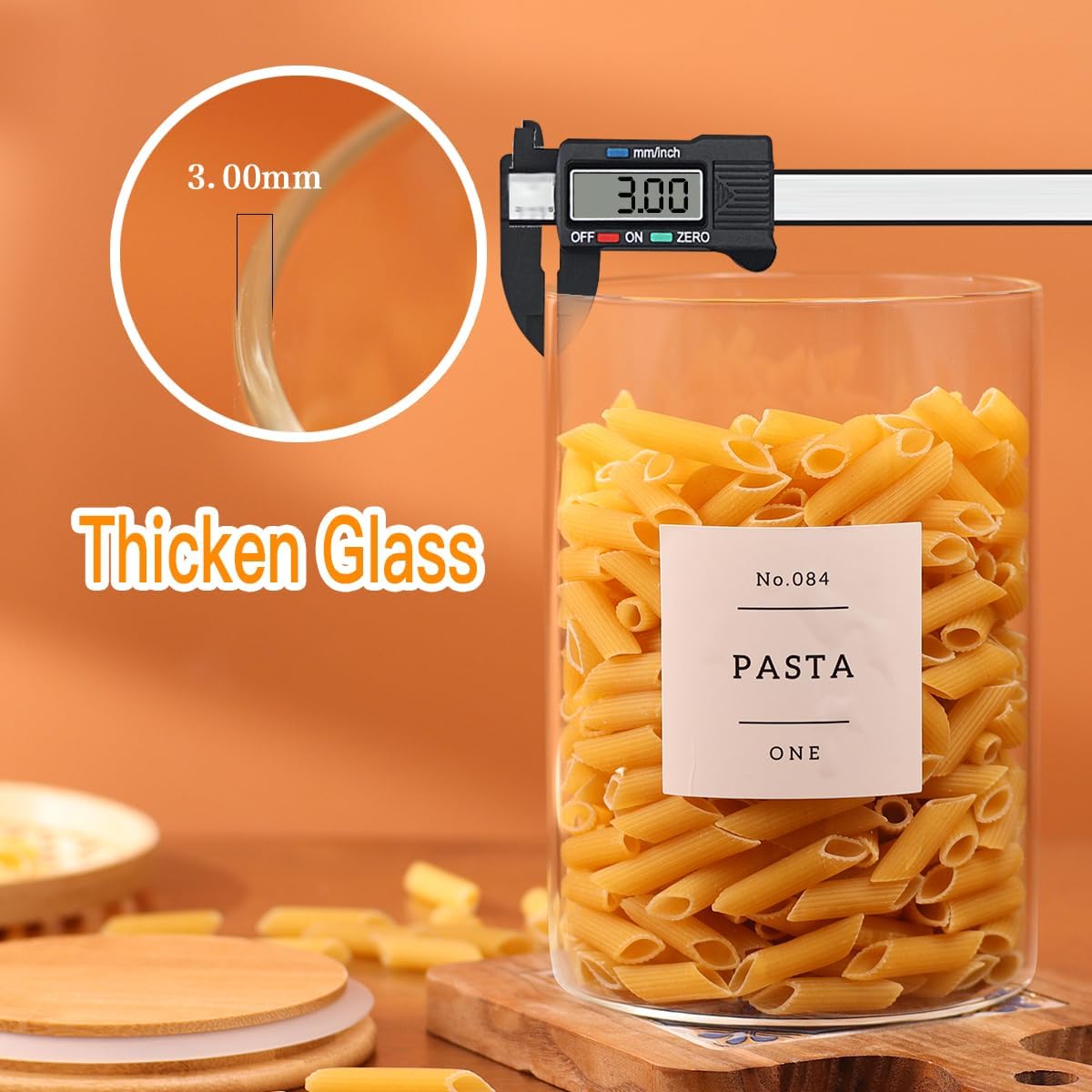 6-Pack Borosilicate Glass Storage Jars with Bamboo Lids + 132 Pre-Printed Pantry Labels Included, BPA-Free Thicken Airtight Containers for Flour, Sugar, Rice, Microwave & Freezer Safe(100OZ/54OZ/27OZ)