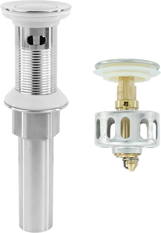 Bathroom Sink Drain,Drain Stopper Bathroom Sink with Overflow,Small Cap Pop Up Drain Assembly with Detachable Strainer Basket,Built-in Anti-Clogging, Stainless Steel Nut Brushed Nickel