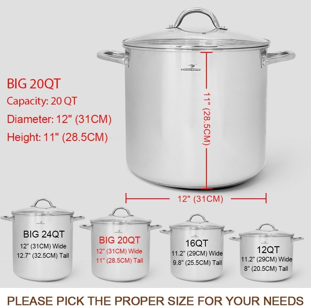 HOMICHEF Commercial Grade LARGE STOCK POT 20 Quart With Lid - Nickel Free Stainless Steel Cookware - Healthy Polished Stockpots - Heavy Duty Induction Soup Pot