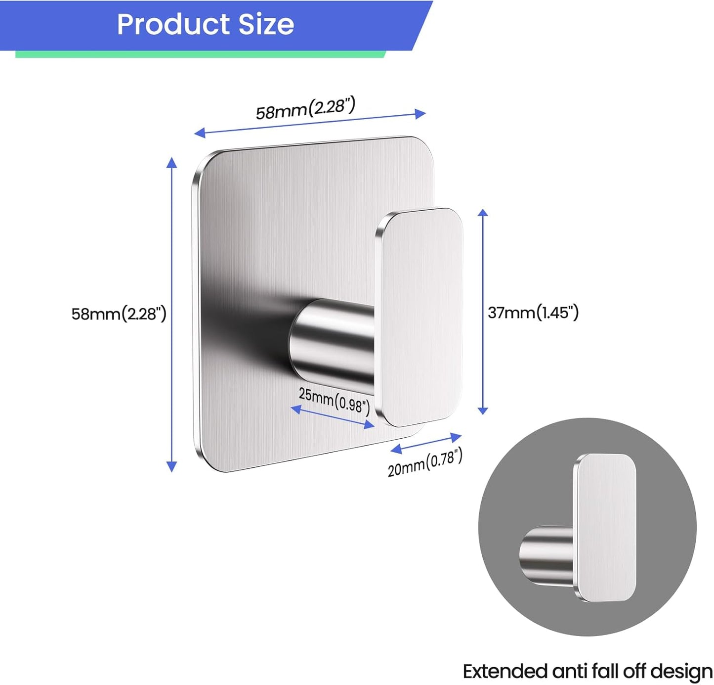 Silver Hooks for Hanging Heavy Duty, Adhesive Hooks for Shower, Bathroom, Kitchen, Robe, Towel, Coat, Waterproof & Rustproof Hook for Walls No Damage, Stainless Steel Sticky Hook - 4 Pack