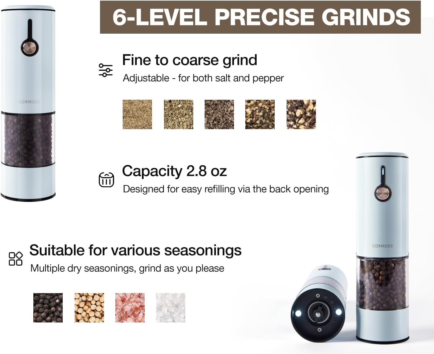 Electric Pepper Grinder and Salt Mill Set - Large Capacity USB Rechargeable Automatic Grinder with Dual LED Lights, One-Handed Operation & Slide Cover - Brushed Stainless Steel