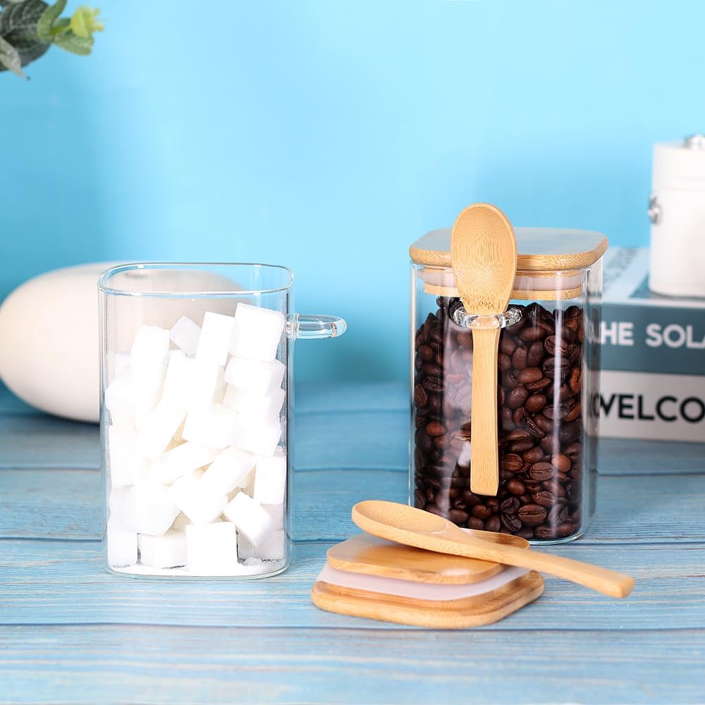 Glass Jar with Bamboo Lid and Spoon,Set of 6 Square 17 OZ Tea Containers for Loose Leaf Tea, Salt and Sugar Containers for Countertop, Yogurt Jars for Overnight Oatmeal