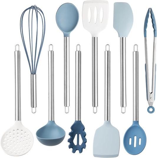 COOK WITH COLOR Silicone Cooking Utensils, Kitchen Utensil Set, Easy to Clean Silicone Kitchen Utensils, Cooking Utensils for Nonstick Cookware, Kitchen Gadgets Set, 10 Pieces, Blue and White