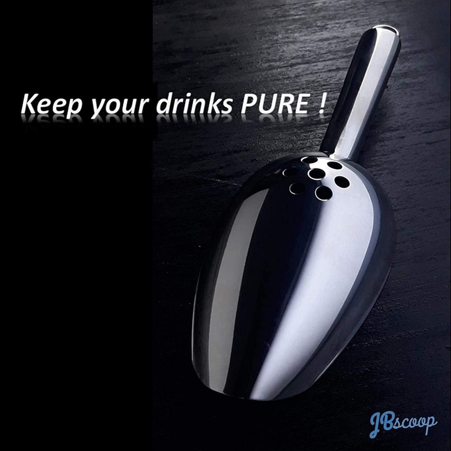 JBscoop Large Ice Scoop with Holes. Stainless Steel Ice Scoop with Drain Holes to Reduce Unwanted Dilution. Heavy Duty and Dishwasher Safe. Six Ounce Capacity.