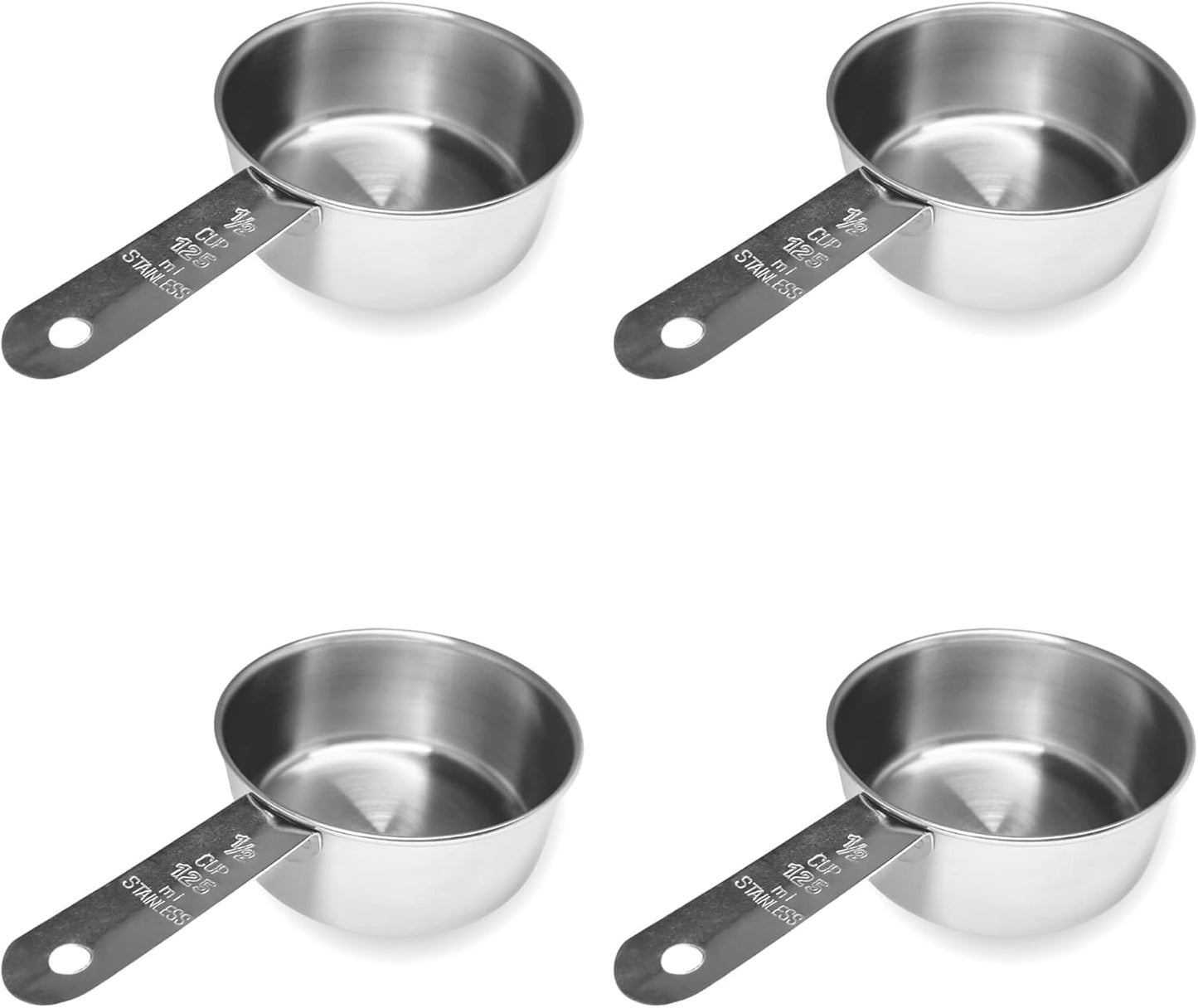 1/2 Cup Stainless Steel Measuring Cup | Sturdy Metal 125 ml | 125 cc | 4 oz | Single Cup for Wet and Dry Ingredients | Great for use as 1/2 Cup Dog Food Scoop - 4 PK