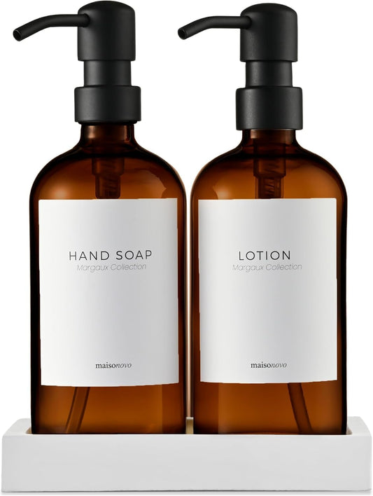 MaisoNovo Soap Dispenser 3-Piece Set | 16.9oz Amber Bottles with Black Stainless Steel Pumps