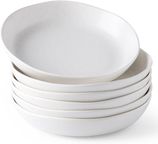 AmorArc 9.75'' Speckled Large Ceramic Pasta Bowls, 38oz Stoneware Bowls Set of 6, Oven, Microwave&Dishwasher Safe Bowls with Wavy Rim for Fruit Pasta Salad Meal, Matte Speckled White
