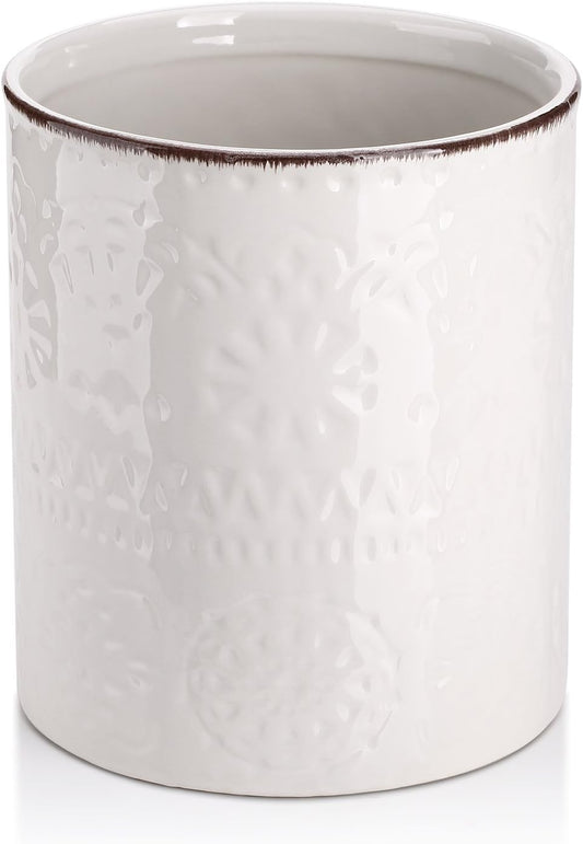 DOWAN 7.2" Kitchen Utensil Holder, Extra Large Farmhouse Utensil Holders for Countertop, Ceramic Utensil Crock, Anti Slip Cork Bottom (White, 7.2 Inch)