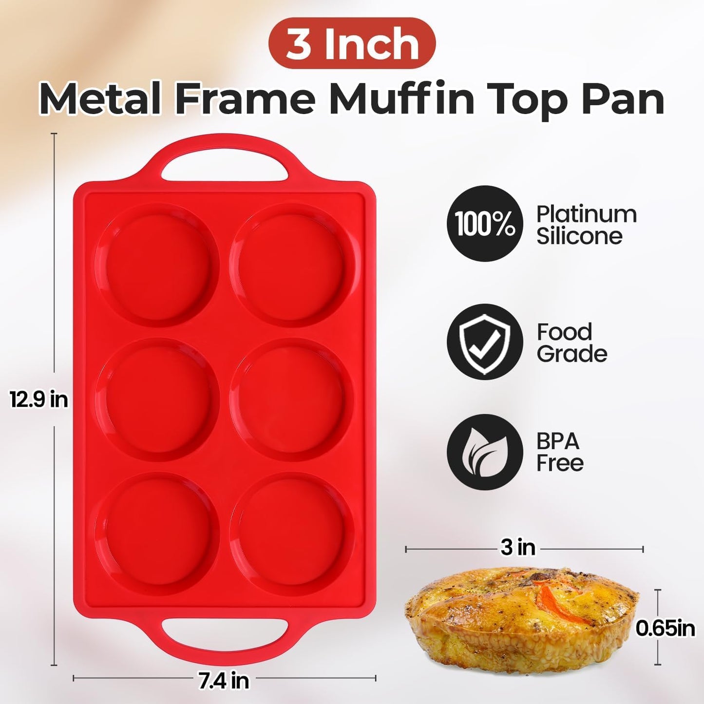 CAKETIME Muffin Top Pan Non Stick, 3 Inch Metal Reinforced Frame Silicone Egg Molds for Breakfast Sandwiches Round Silicone Baking Pan for English Muffins, Whoopie Pies, Corn Bread, Egg Bites, Tarts