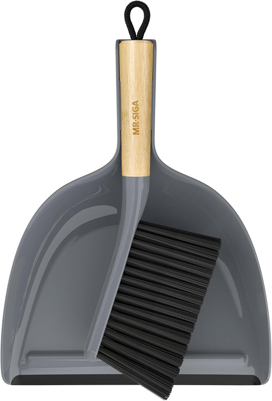 MR.SIGA Dustpan and Brush Set, Portable Cleaning Brush and Dustpan Combo with Bamboo Handle, Gray, 1 Set