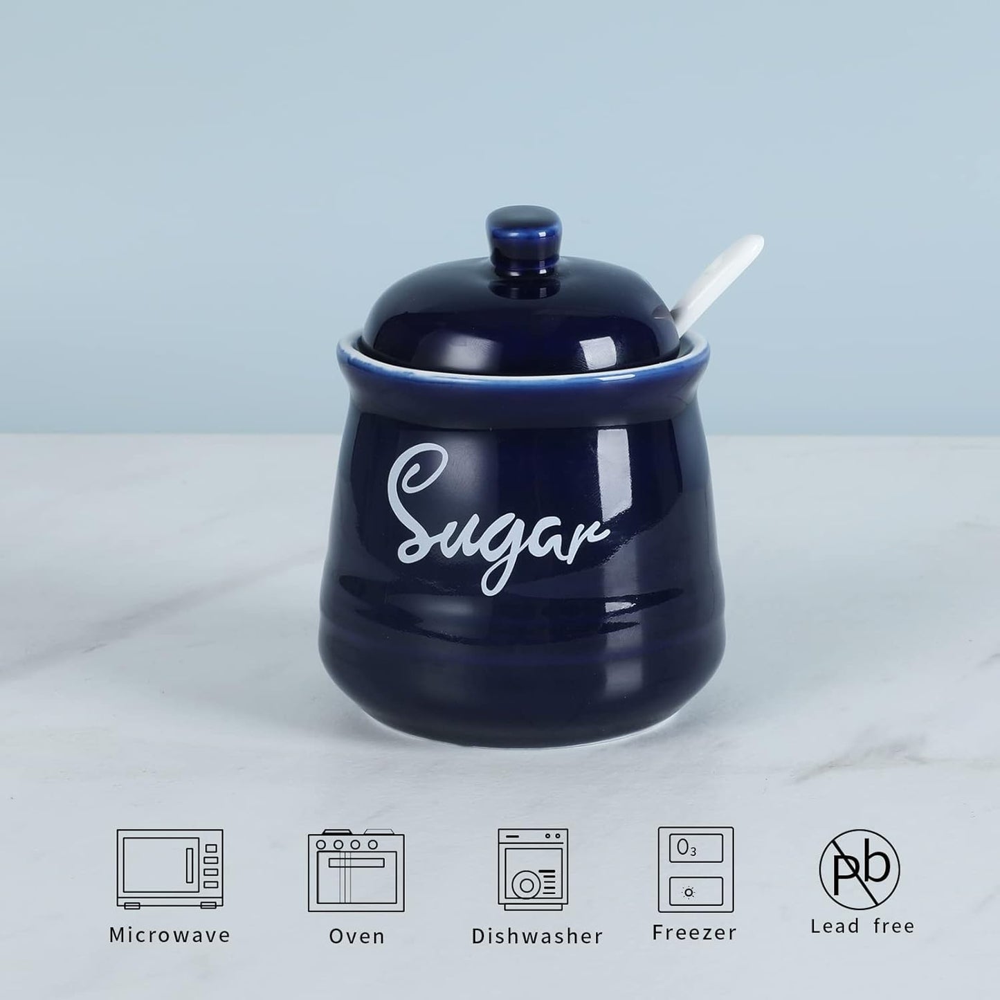 HAOTOP Farmhouse Porcelain Sugar Bowl with Lid and Spoon 12oz,Easy to Clean (Navy)