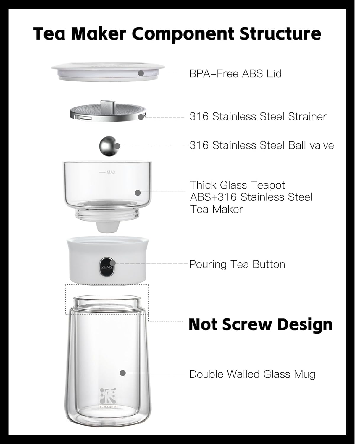 ZENS Modern Tea Pot, Glass Teapot with Infusers for Loose Tea Diffusers with One Touch Pouring, Cool Portable Tea Maker with Insulated Tea Mug and Travel Tea Kits for Tea Lover Gifts