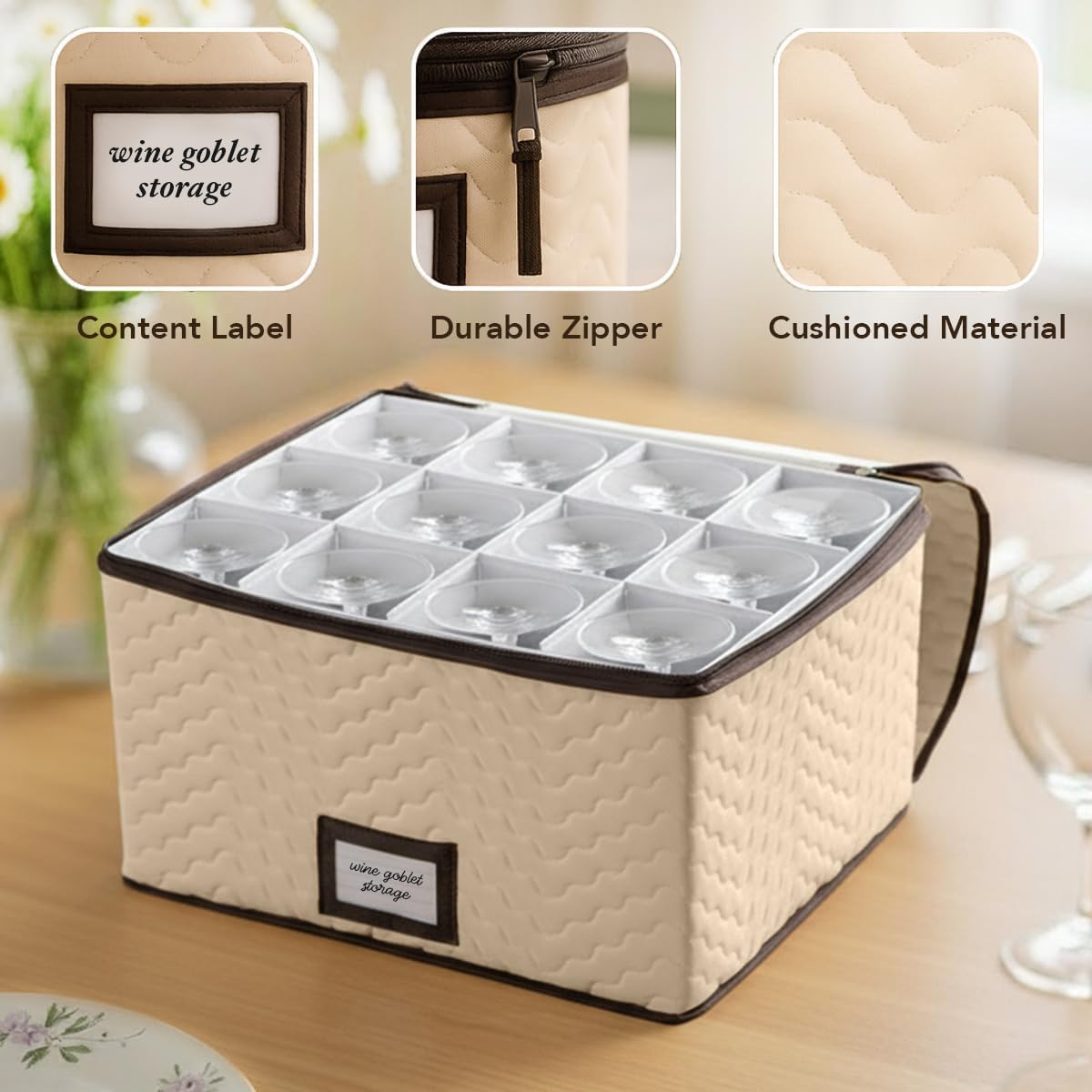 Wine Glass Storage Box with Dividers - Holds 12 Glasses up to 3.75" Wide - Stemware Storage Case - Protects Fine China - Durable Quilted Microfiber Bin with Carry Handles - Ideal for White Wine