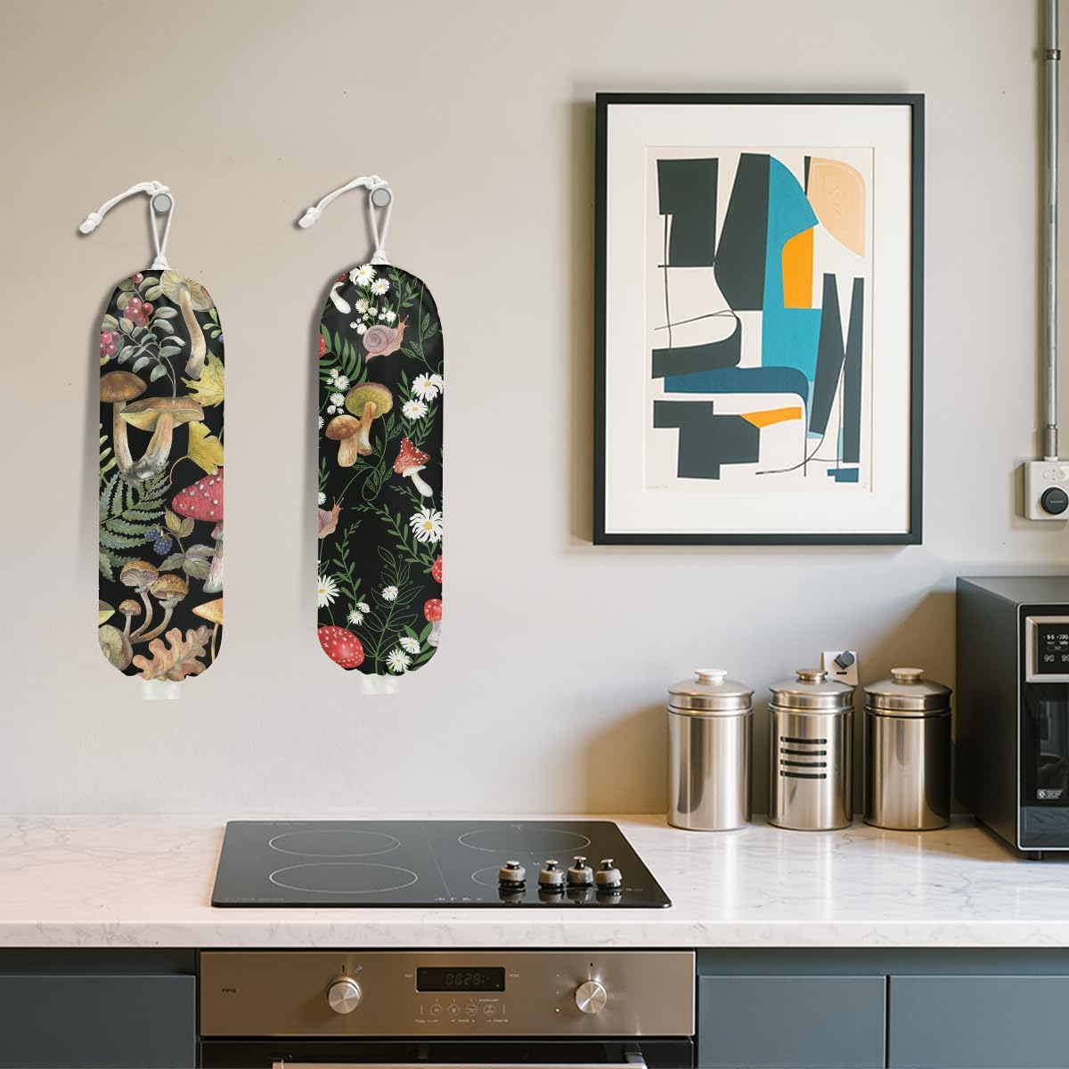 2Pcs Mushroom Plastic Bag Holder, Wall Mount Grocery Bag Holder for Plastic Bags, Summer Leaves Reusable Shopping Bags Storage Dispenser for Home Kitchen Pantry, Mushroom Gifts for Women