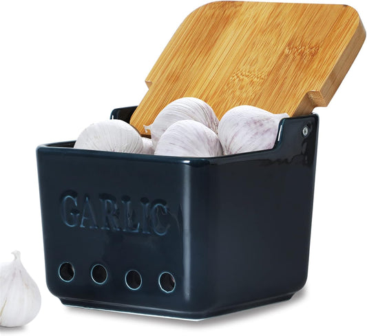 Navy Ceramic Garlic Keeper with Lid - Fresh Storage, Saver for Longer Life, 4.7-Inch