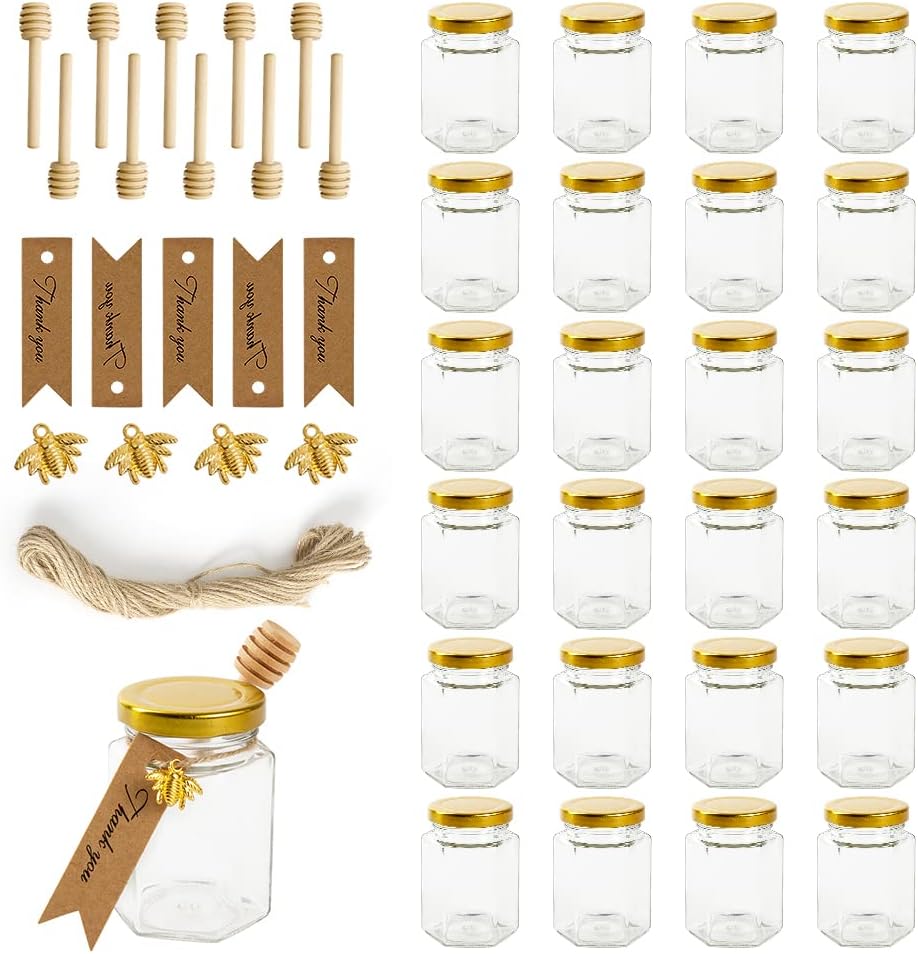 12 Pack 4oz Glass Hexagon Honey Jars Golden Lids - Extra Wooden Honey Dipper Sticks, Bee Charms, Tag String, Thank You Gift Tags, Wedding Favors Gifts, Baby Shower Party Canning Jar(Golden)