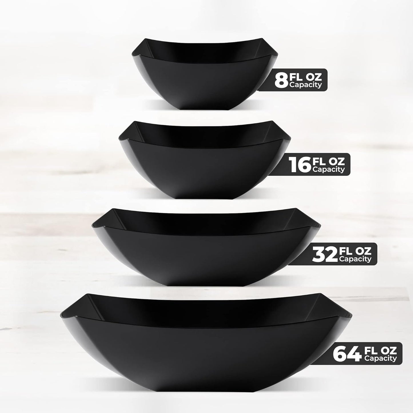 Posh Setting - Black Plastic Serving Bowls for Party (64oz - 4 Pack) Square, Disposable & Fruit Bowls for Party Table, Candy Containers for Candy Buffet