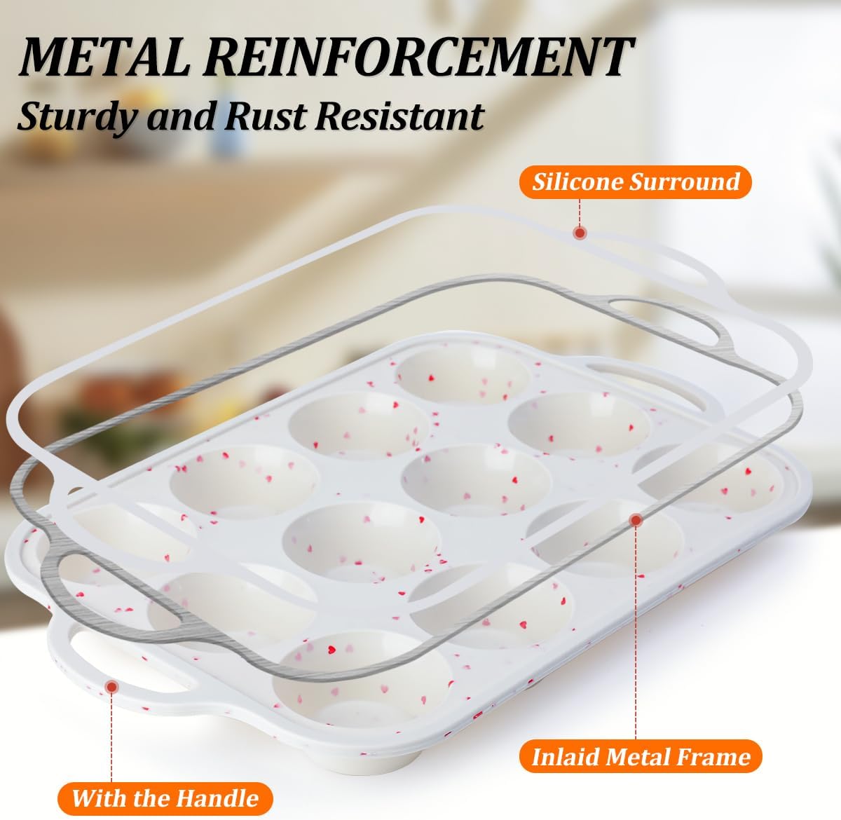 Silicone Muffin Pan, Metal Reinforced Frame Silicone Cupcake Pan Easy to Handle 12 Cups for Valentine's Day Baking Nonstick Regular Size Muffin Tin 1 Pack Love Heart