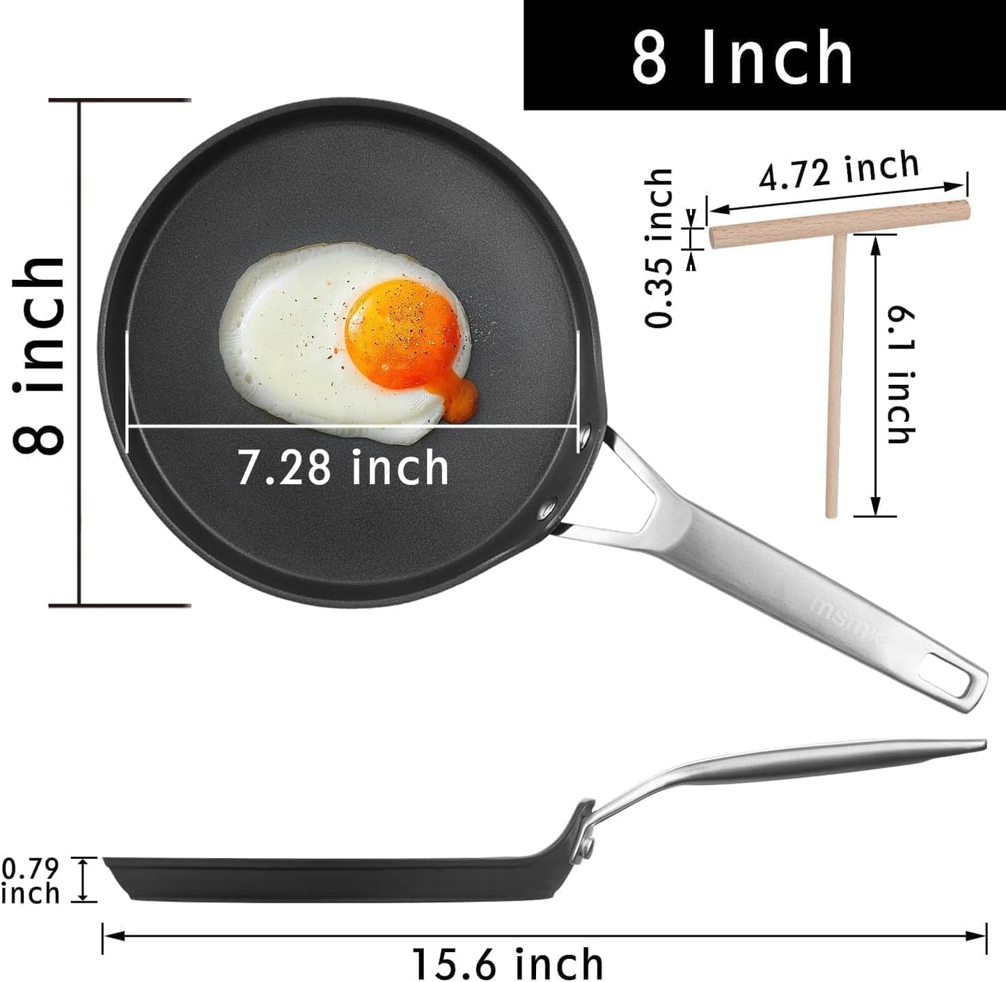 MsMk Crepe Pan with Spreader, 8 Inch Titanium and Ceramic Nonstick Flat Skillet Tortilla Egg Pan, Induction Compatible, PFOA Free, Oven Safe to 700°F