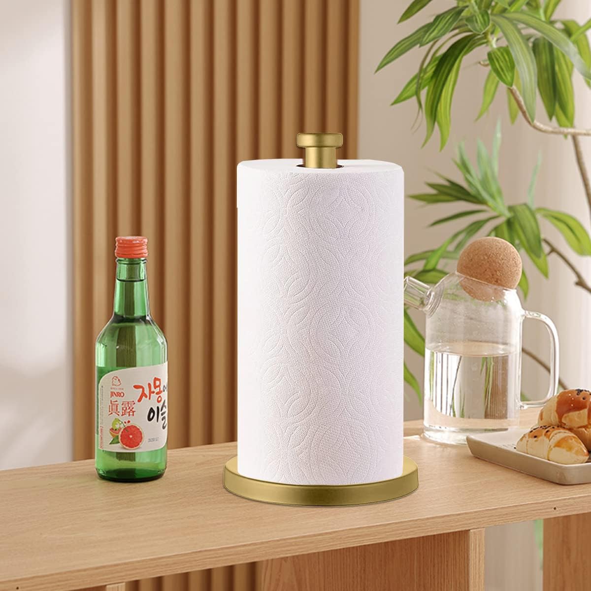 Stainless Steel Gold Paper Towel Holder Countertop for Kitchen Bathroom, Standing Paper Towel Holder with Weighted Base.