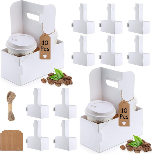 10 Pack 2 Cup Disposable Drink Carrier with Handle Paperboard Coffee Cup Holder Portable for Hot Cold Drinks Food Delivery Services with Heart Card for Teacher Appreciation Week Mother's Day