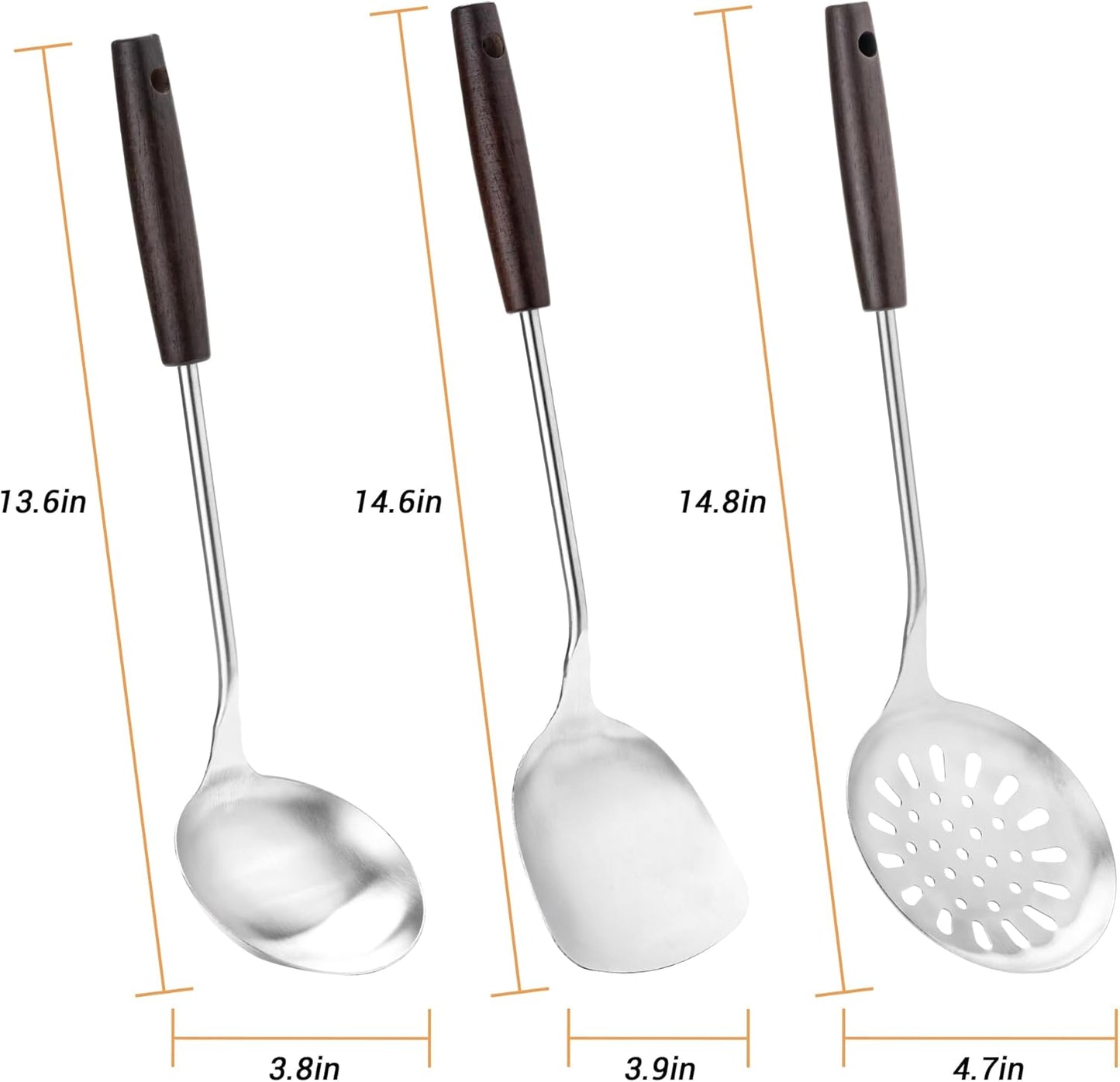 FJNATINH Wok Spatula and Ladle Skimmer Spoon - Stainless Steel Cooking Utensils Set of 3,Kitchen Wok Utensils Set