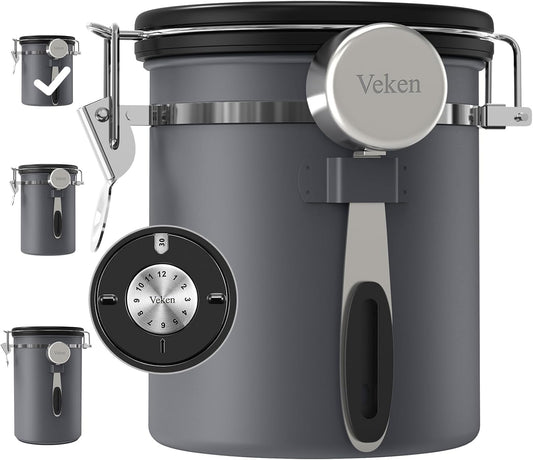 Veken Coffee Canister, Airtight Stainless Steel Kitchen Food Storage Container with Date Tracker and Scoop for Beans, Grounds, Tea, Flour, Cereal, Sugar, Cookies Jars, 16OZ Gray