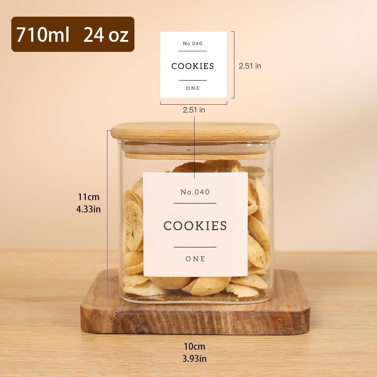 6 Pack Square Glass Pantry Storage Containers with 132 Kitchen Food Pantry Labels - 24 floz Clear Glass Pantry Jars with Airtight Wood Bamboo Lids - Glass Canisters for Sugar, Cereal, Coffee, Spice