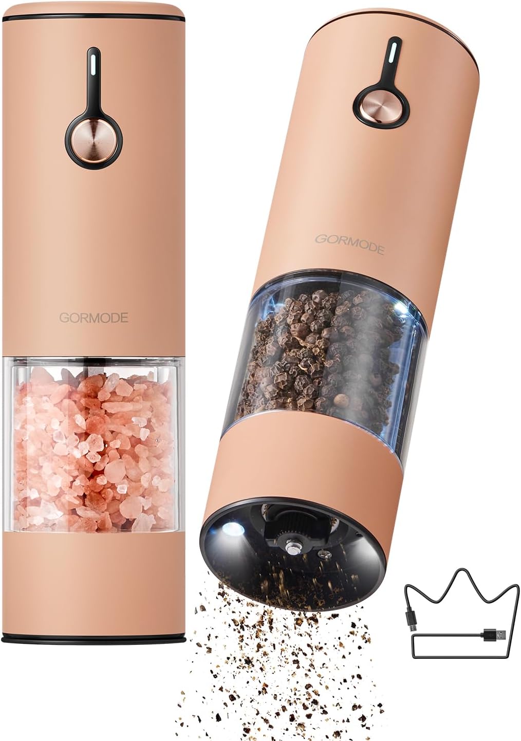 Electric Pepper Grinder and Salt Mill Set - Large Capacity USB Rechargeable Automatic Grinder with Dual LED Lights, One-Handed Operation & Slide Cover - Brushed Stainless Steel