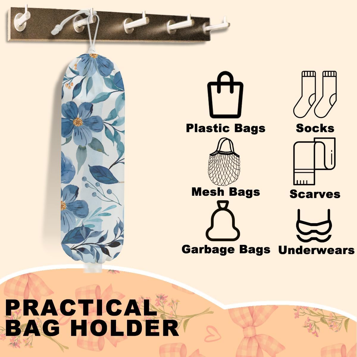 Watercolor Blue Flower Plastic Bag Holder, Wall Mount Grocery Bag Holder for Plastic Bags, Vibrant Floral Reusable Grocery Bags Storage Dispenser for Home Kitchen Decor, Flower Gifts for Women Mom