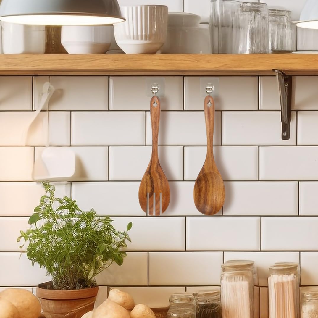 Teak Wooden Spoons 10.2-Inch Pack of 2, Salad Serving Spoons, Wooden Salad Spoon for Cooking, Teak Wood Serving Spoon