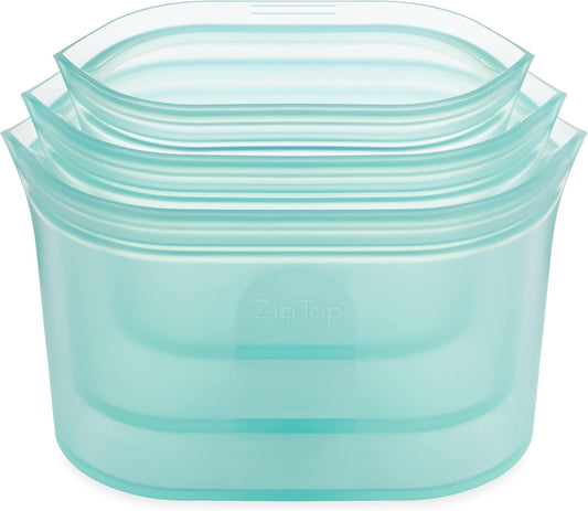 Zip Top Reusable Food Storage Bags | 3 Dish Set [Teal] | Silicone Meal Prep Container | Microwave, Dishwasher and Freezer Safe | Made in the USA
