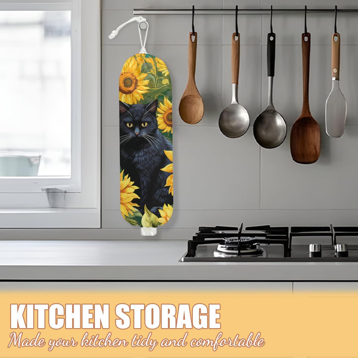 Sunflower Cat Plastic Bag Holder, Wall Mount Grocery Bag Holder, Plastic Storage bag, Pull Rope Free Adjustment, Plastic Bag Holders for Grocery Bags, Plastic Bag Dispenser for Home Kitchen
