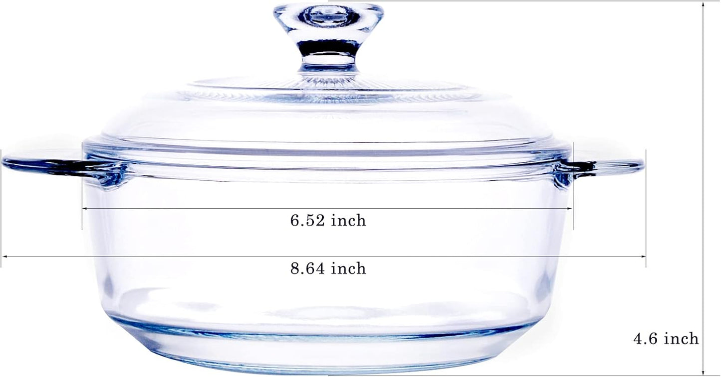 Clear Round Glass Casserole with Lid, Baking Dish with Glass Cover, Oven, Freezer and Dishwasher Safe (1-Quart Round)
